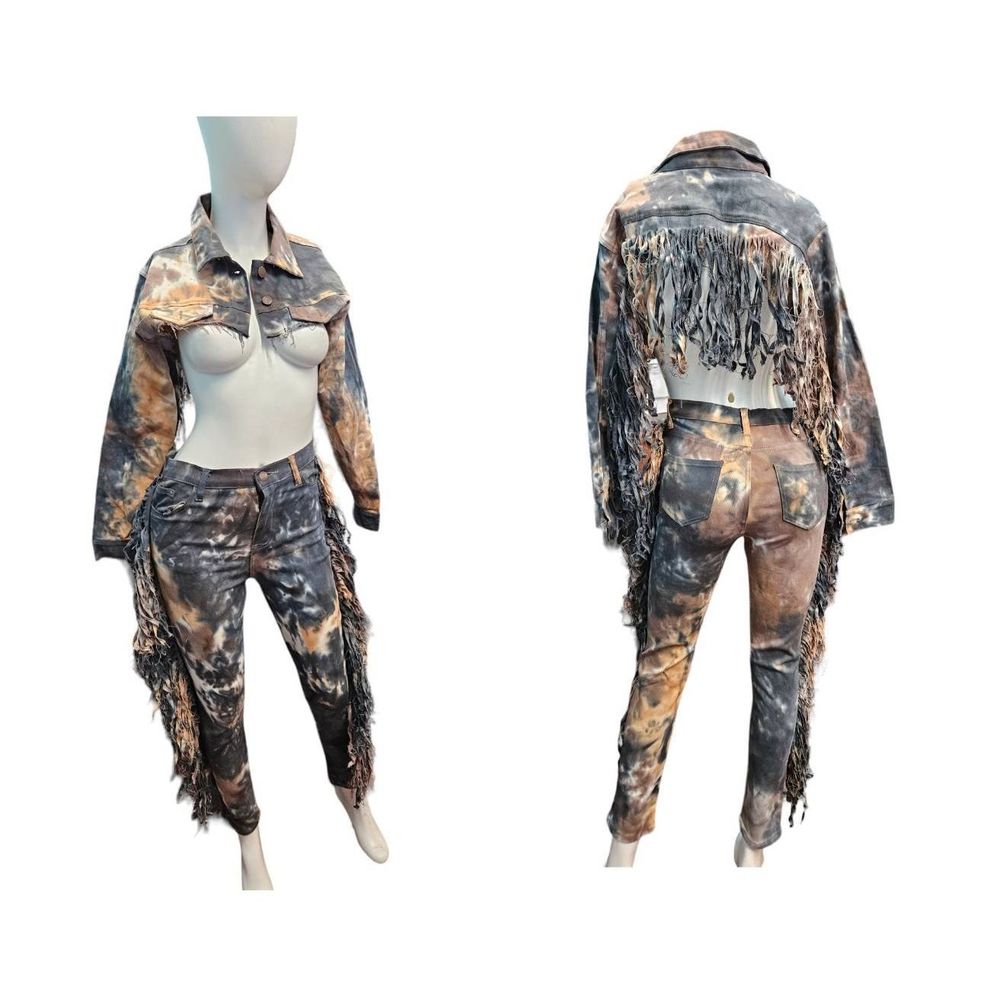 Daisy Tie Dye Fringe Jeans and Jacket Set size Small Western Boho